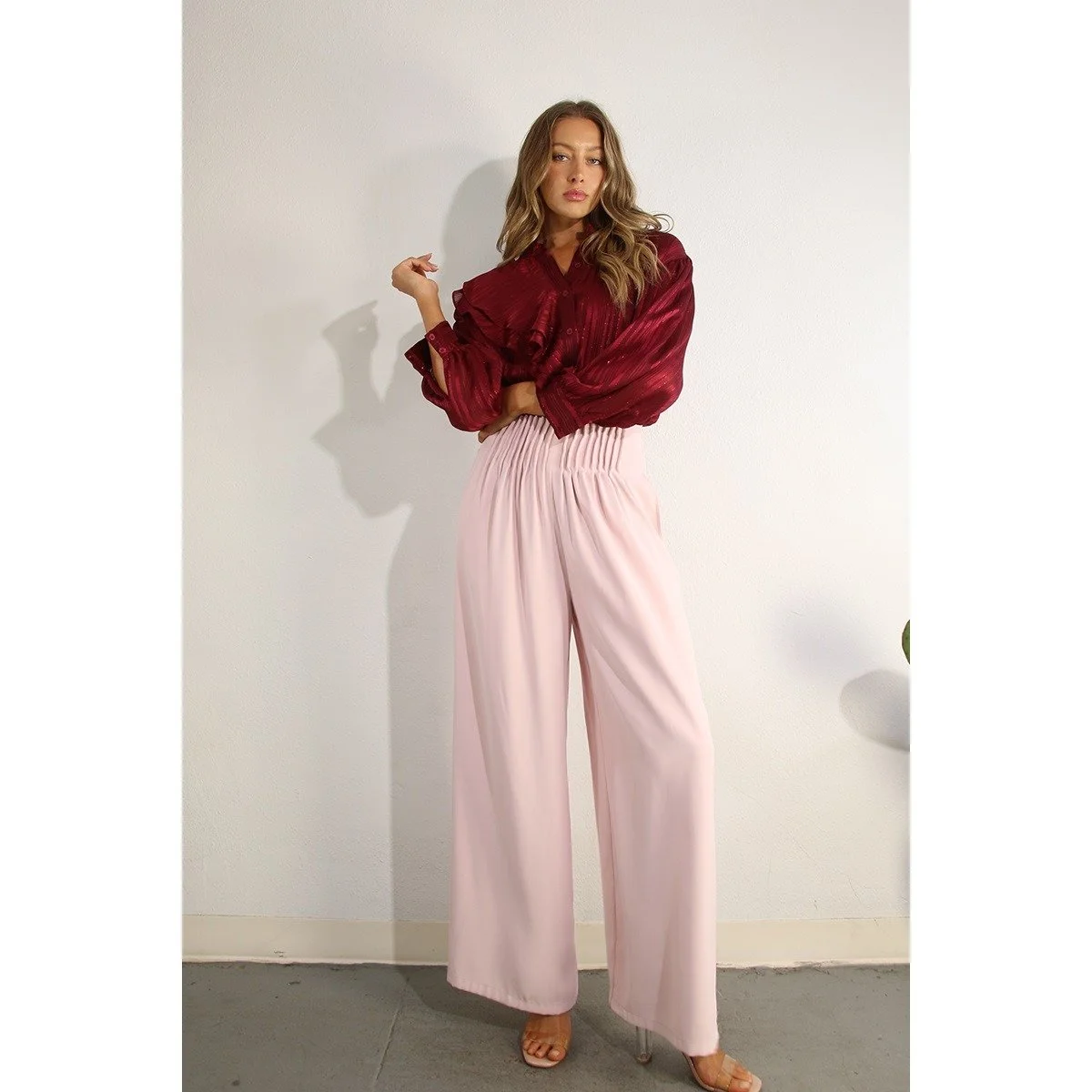 Asymmetric Ruffle Blouse Burgundy