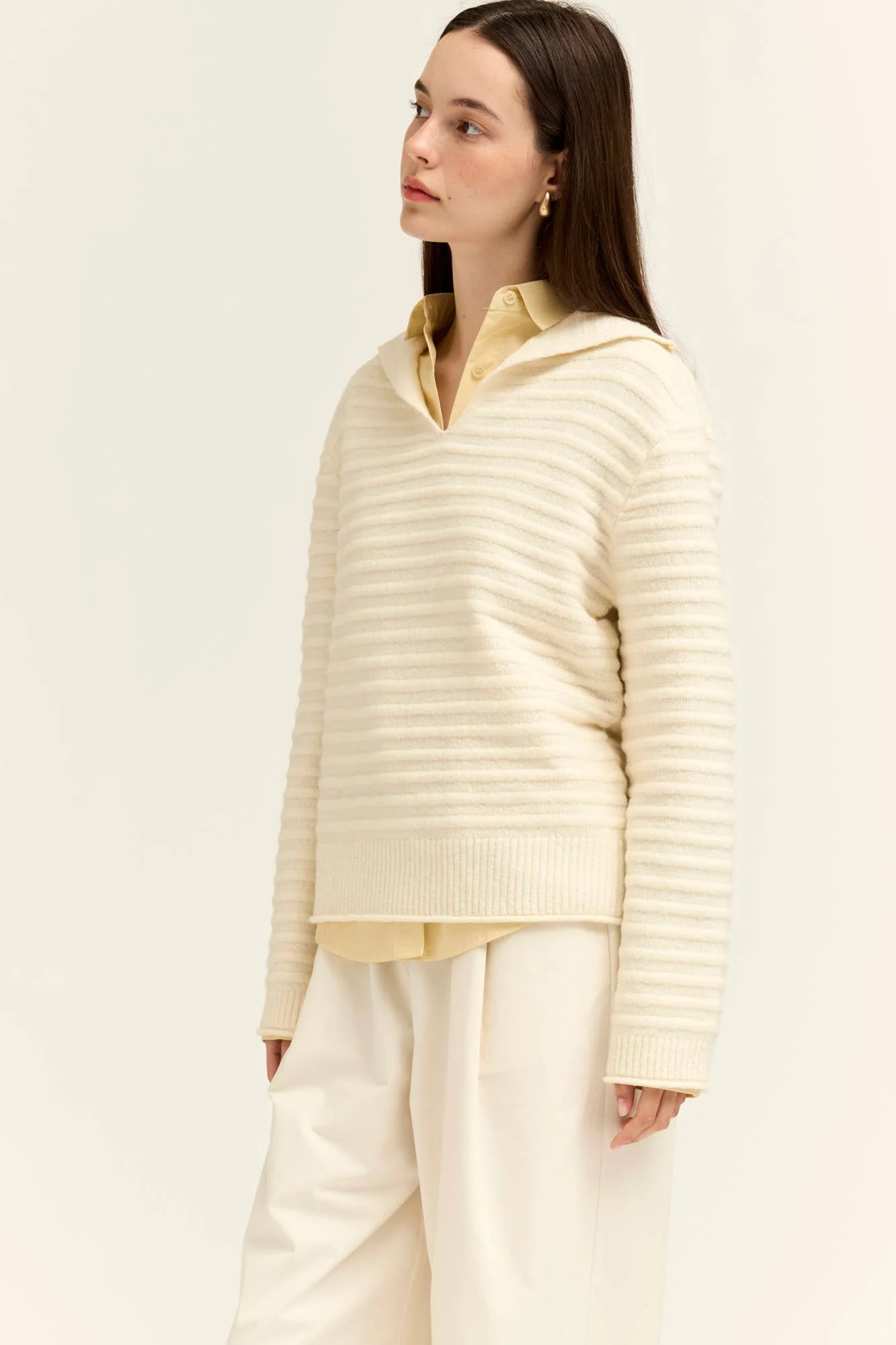 Sailor Collar Textured Knit Pullover Ivory