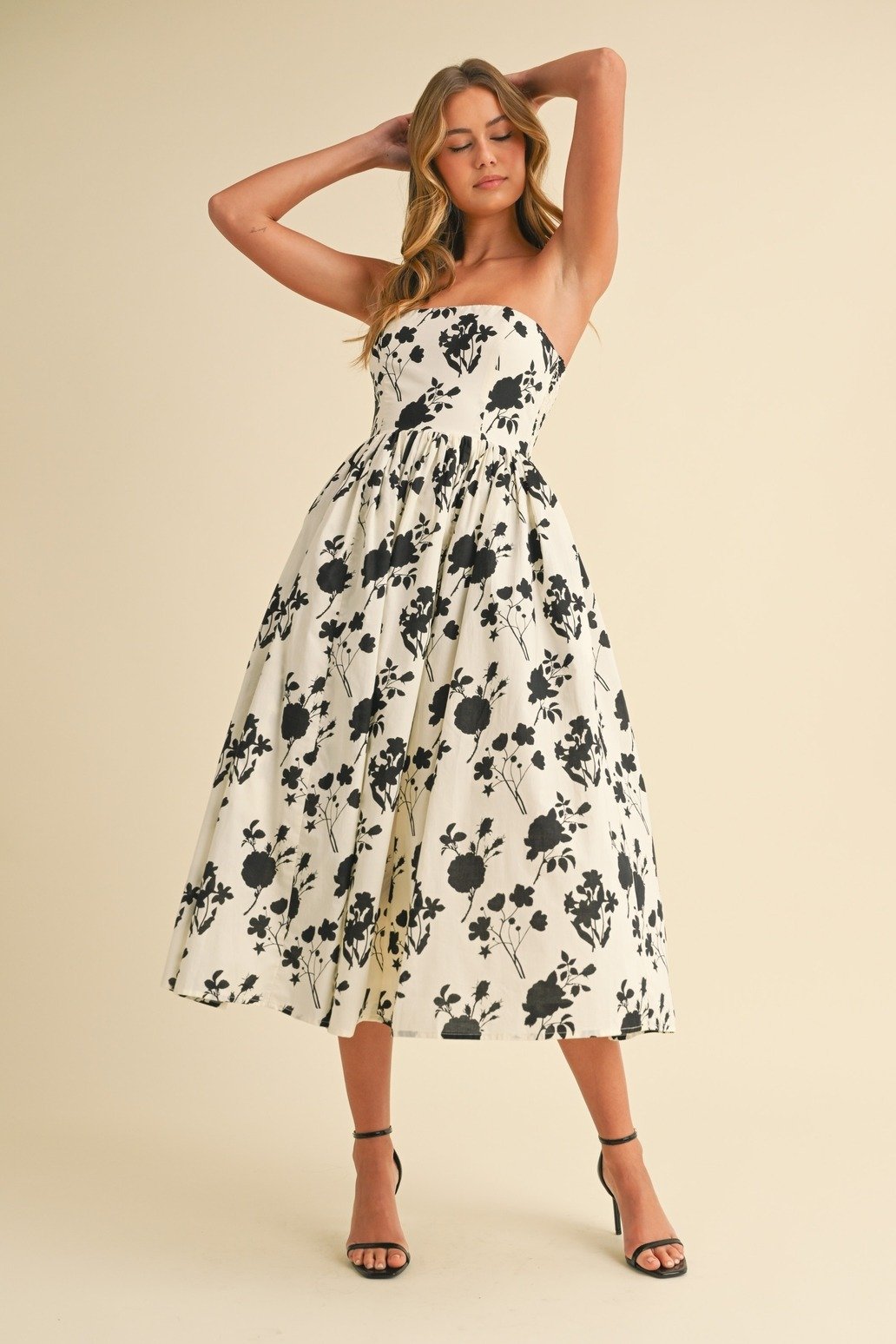 Strapless Tea Dress Ivory & Black Floral