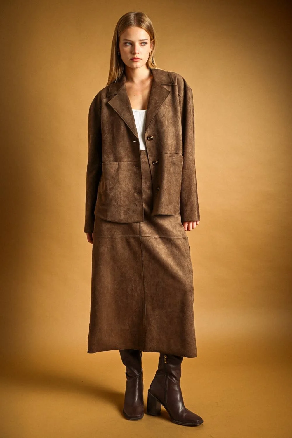 Faux Suede Straight Midi Skirt Brown