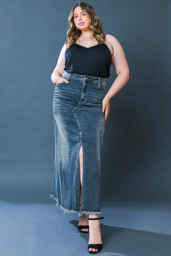 Curvy Front Slit Denim Midi Skirt