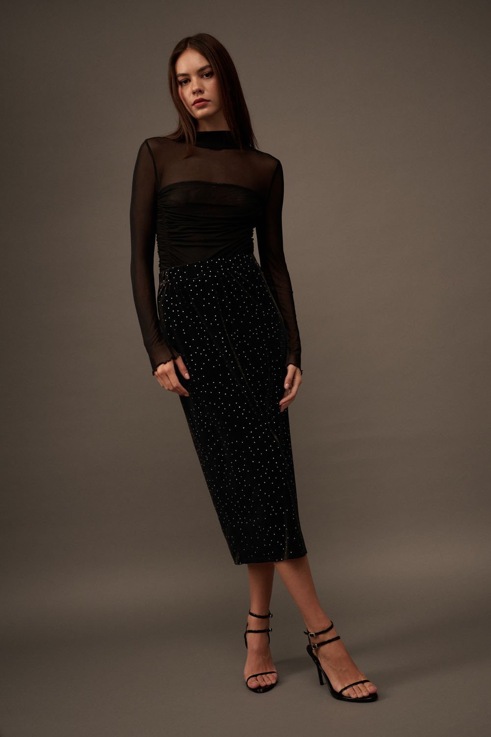 Rhinestone Velvet Midi Skirt Black