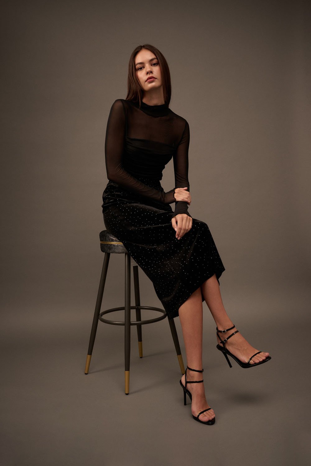 Rhinestone Velvet Midi Skirt Black