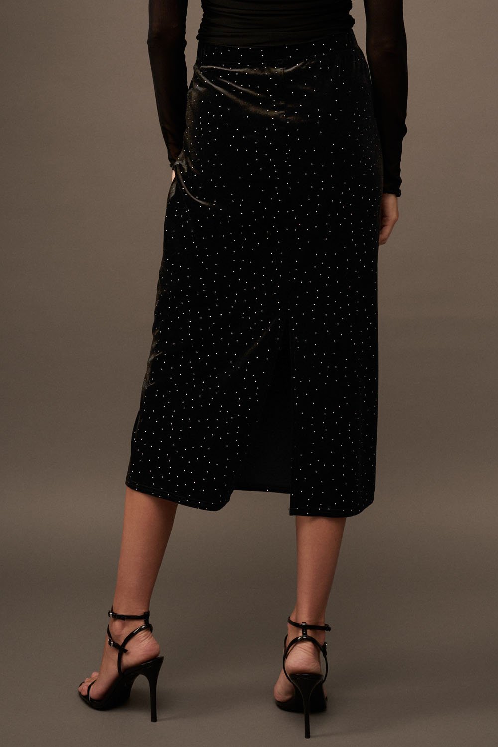 Rhinestone Velvet Midi Skirt Black
