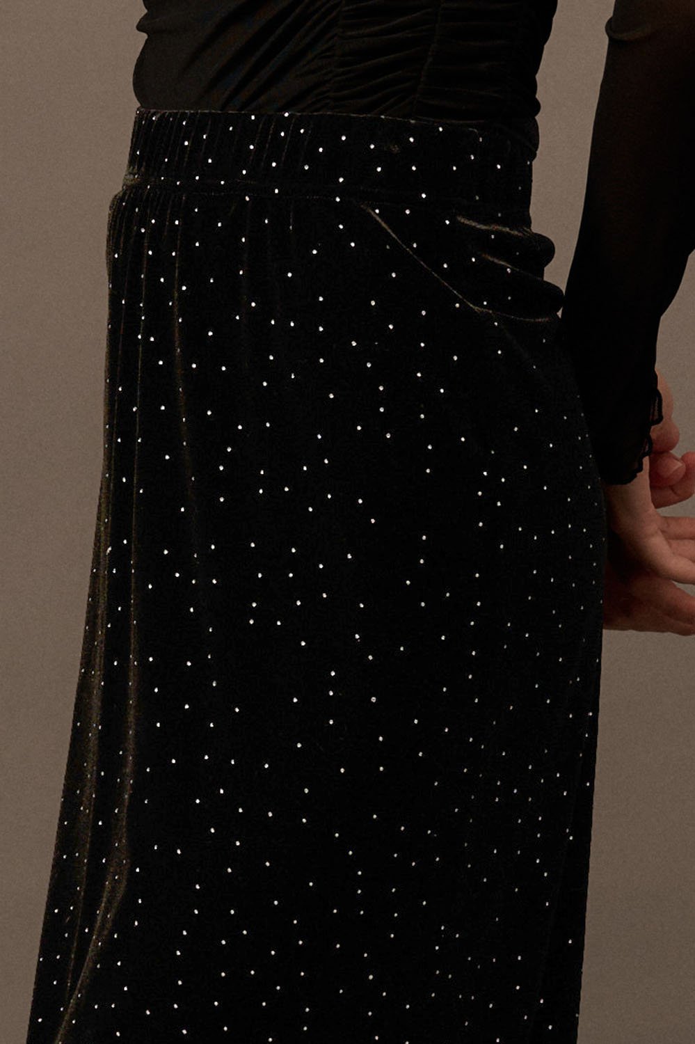 Rhinestone Velvet Midi Skirt Black