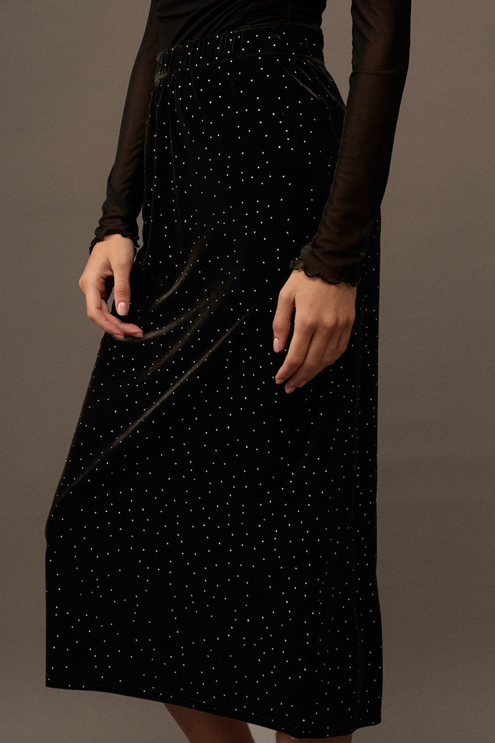 Rhinestone Velvet Midi Skirt Black
