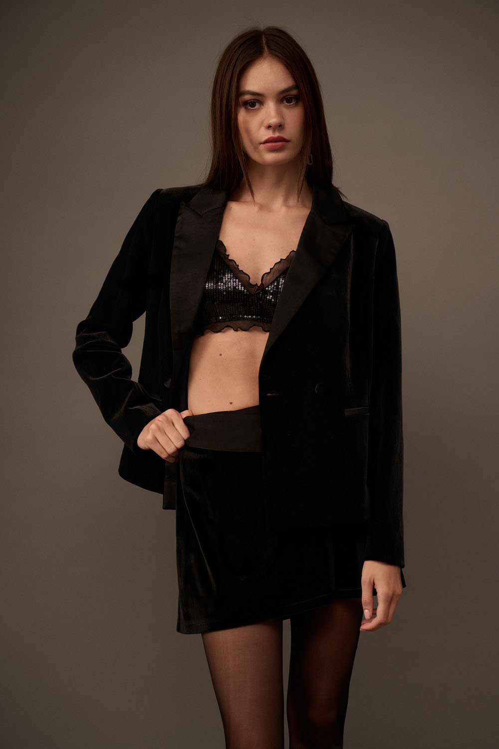 Notch Lapel Velvet Blazer Black