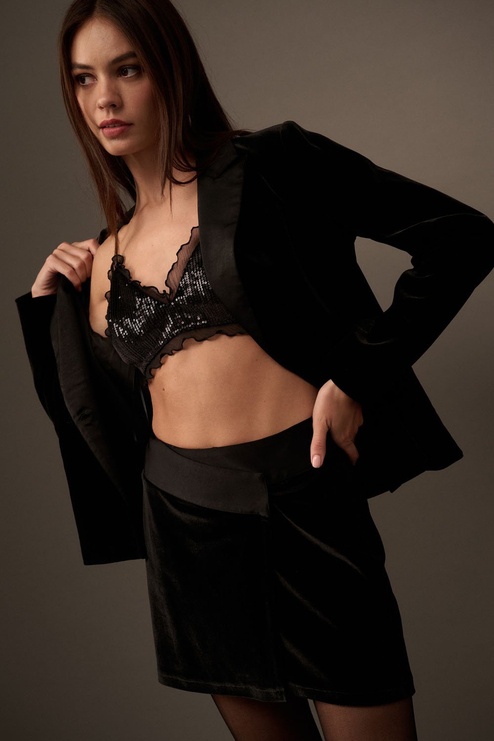 Velvet Wrap Mini Skirt Black