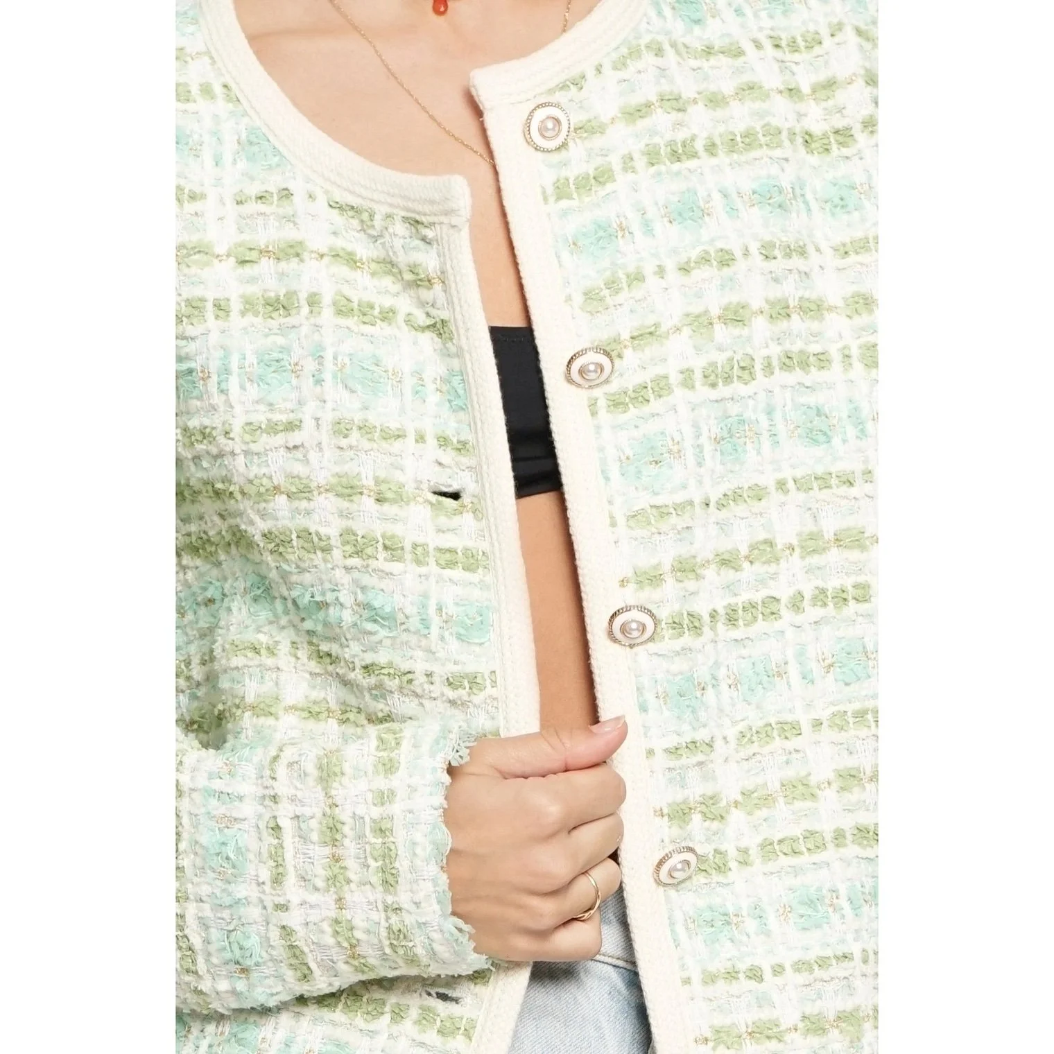 Pearl Button Tweed Jacket Mint