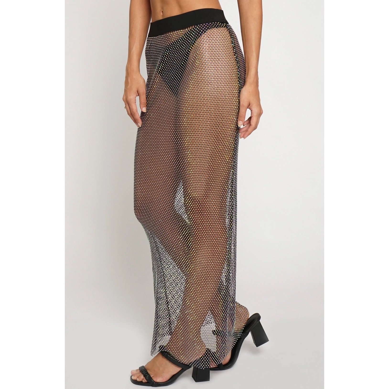 Rhinestone Mesh Maxi Skirt Black
