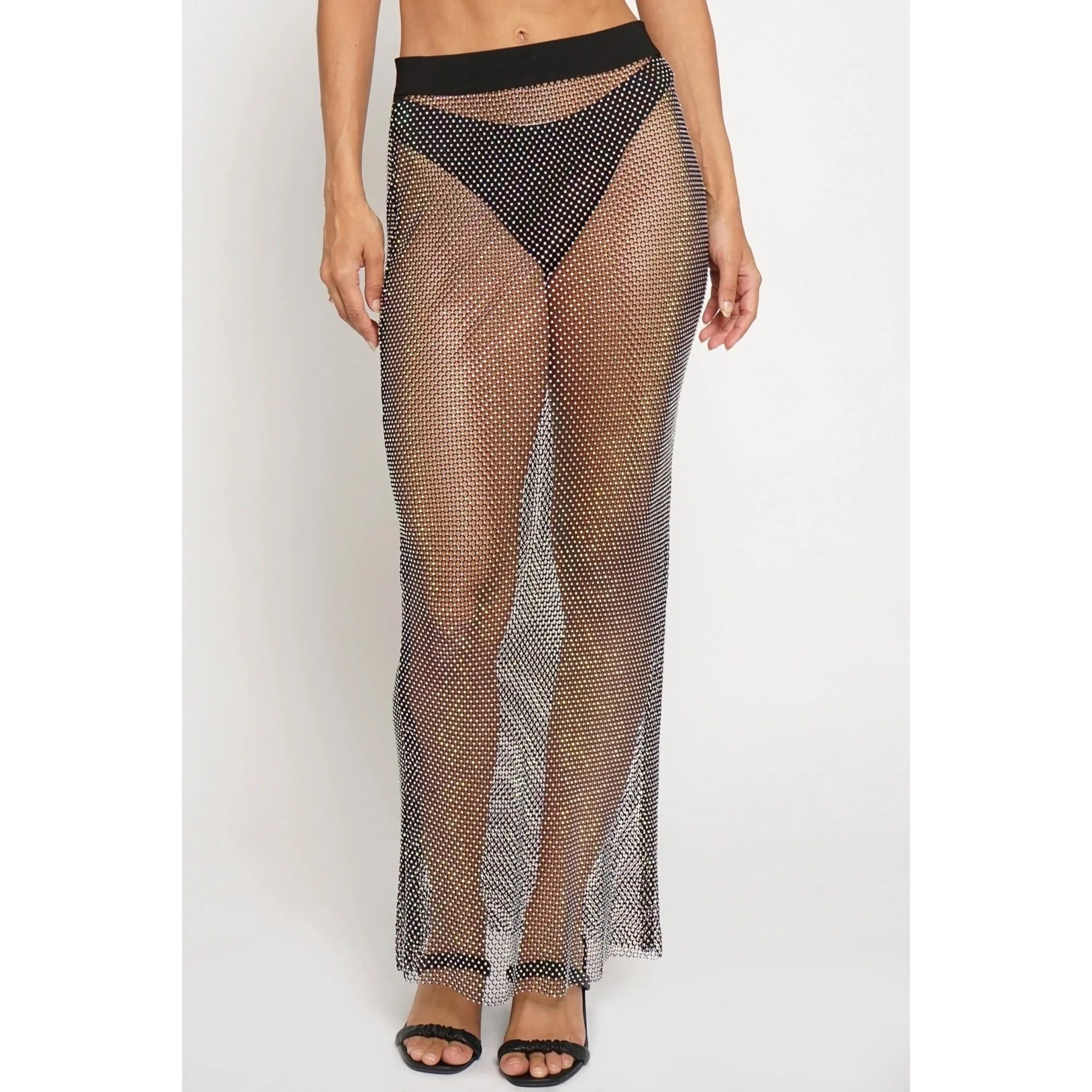 Rhinestone Mesh Maxi Skirt Black