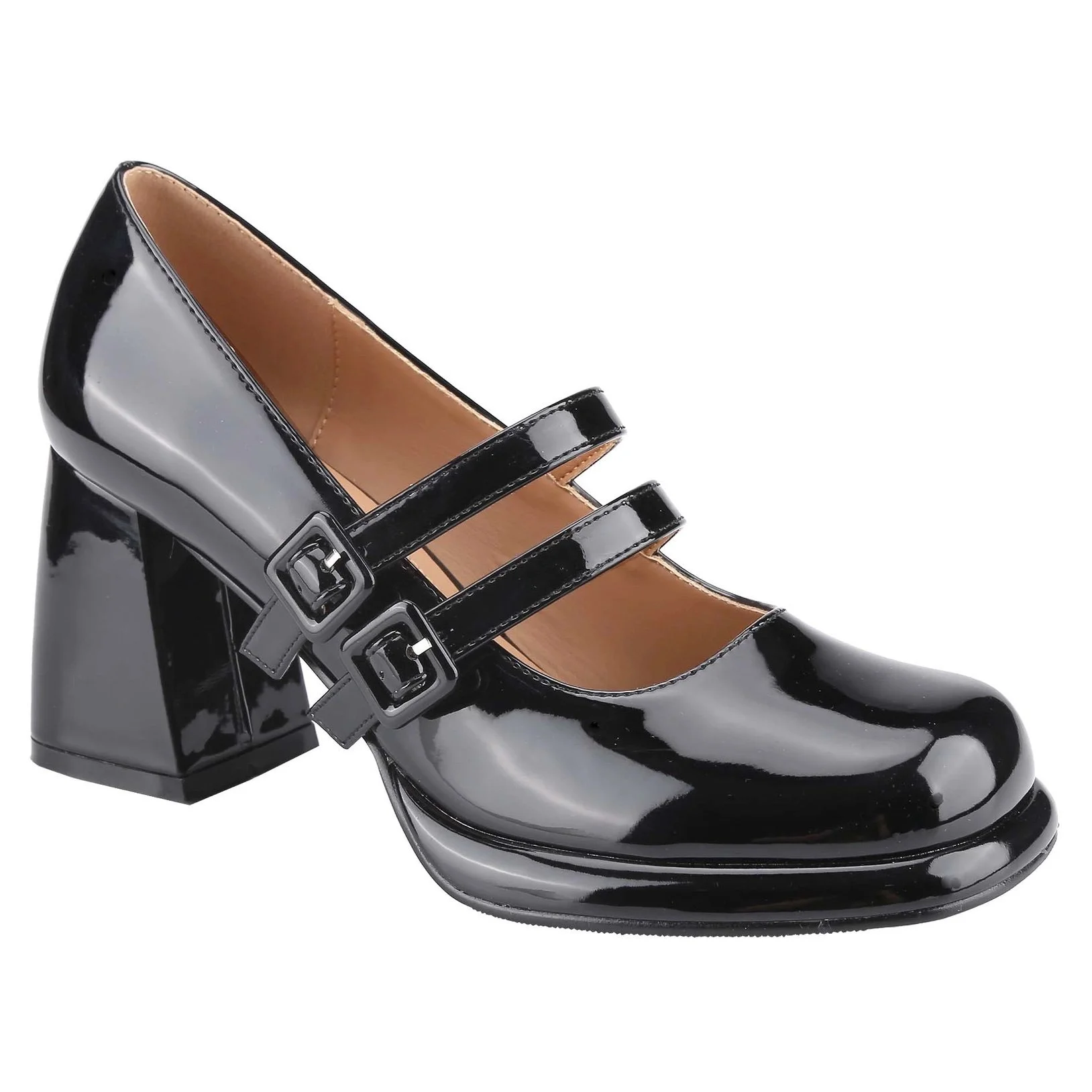 Princess Double Strap Block Heel Pumps Black Patent
