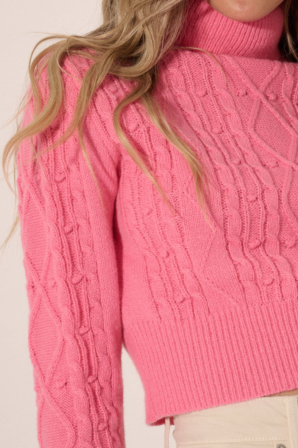 Cable Knit Turtleneck Cropped Sweater Bubblegum