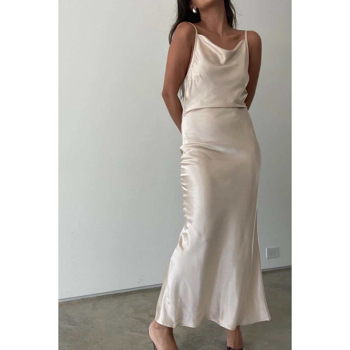 Satin Cowl Back Maxi Dress Champagne Byron & Barclay Satin Cowl Back Maxi Dress Champagne Byron & Barclay