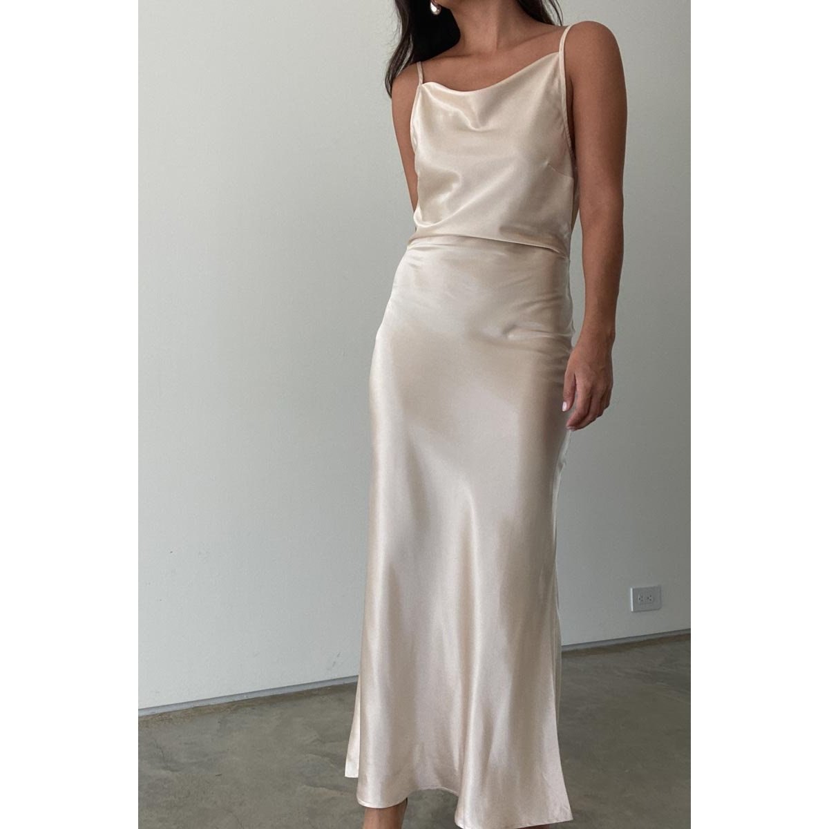 champagne satin cowl neck dress Jessie Liu Satin Cowl neck Dress