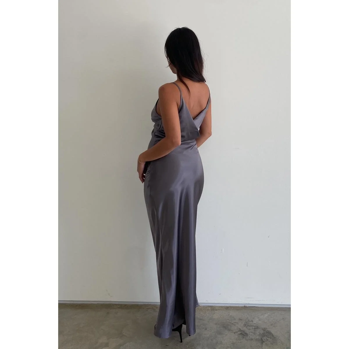 pewter grey dress Satin Cowl Back Maxi — Byron & Barclay __with:bi-stretch-straight-leg-pants-grey-flannel