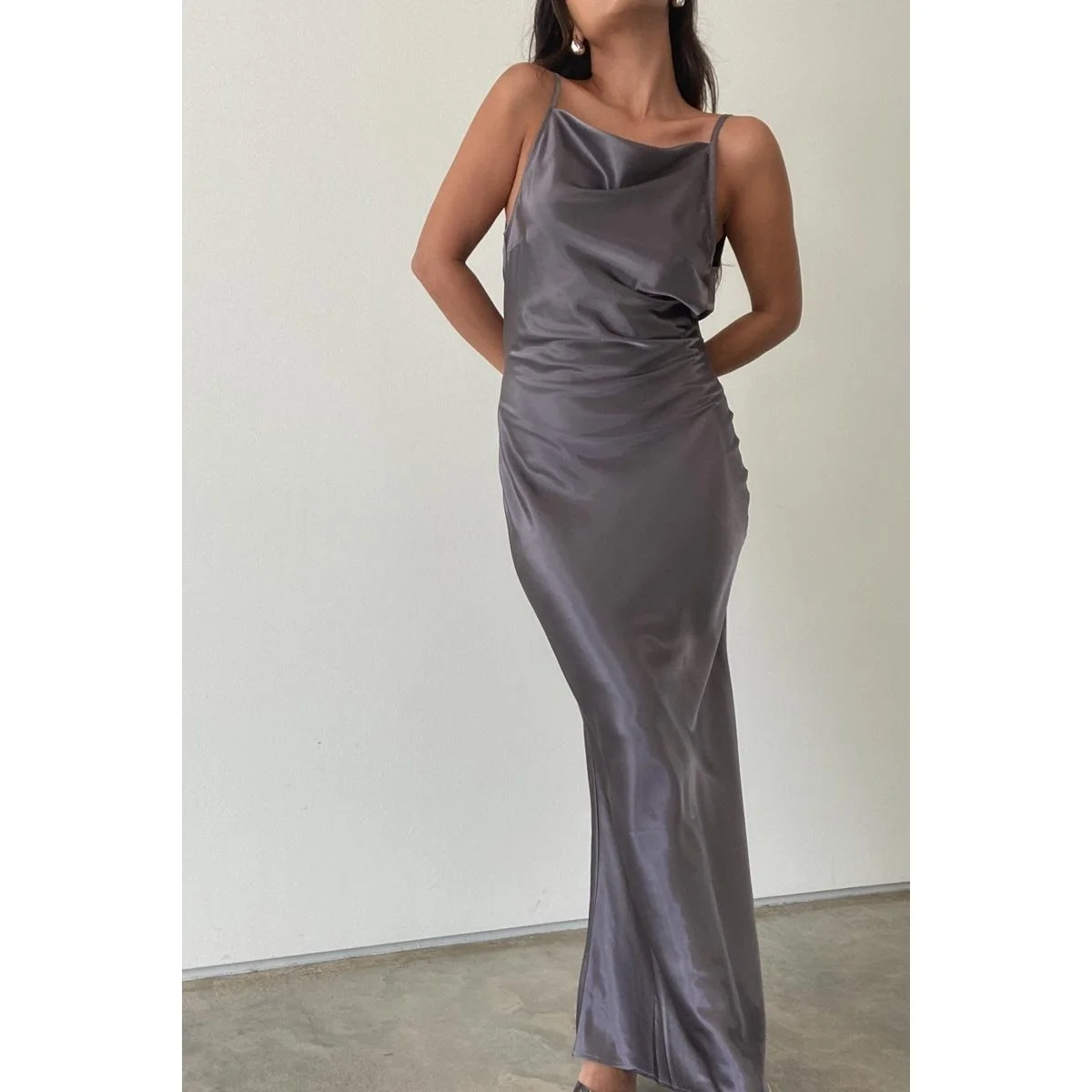 Satin Cowl Back Maxi Dress Pewter