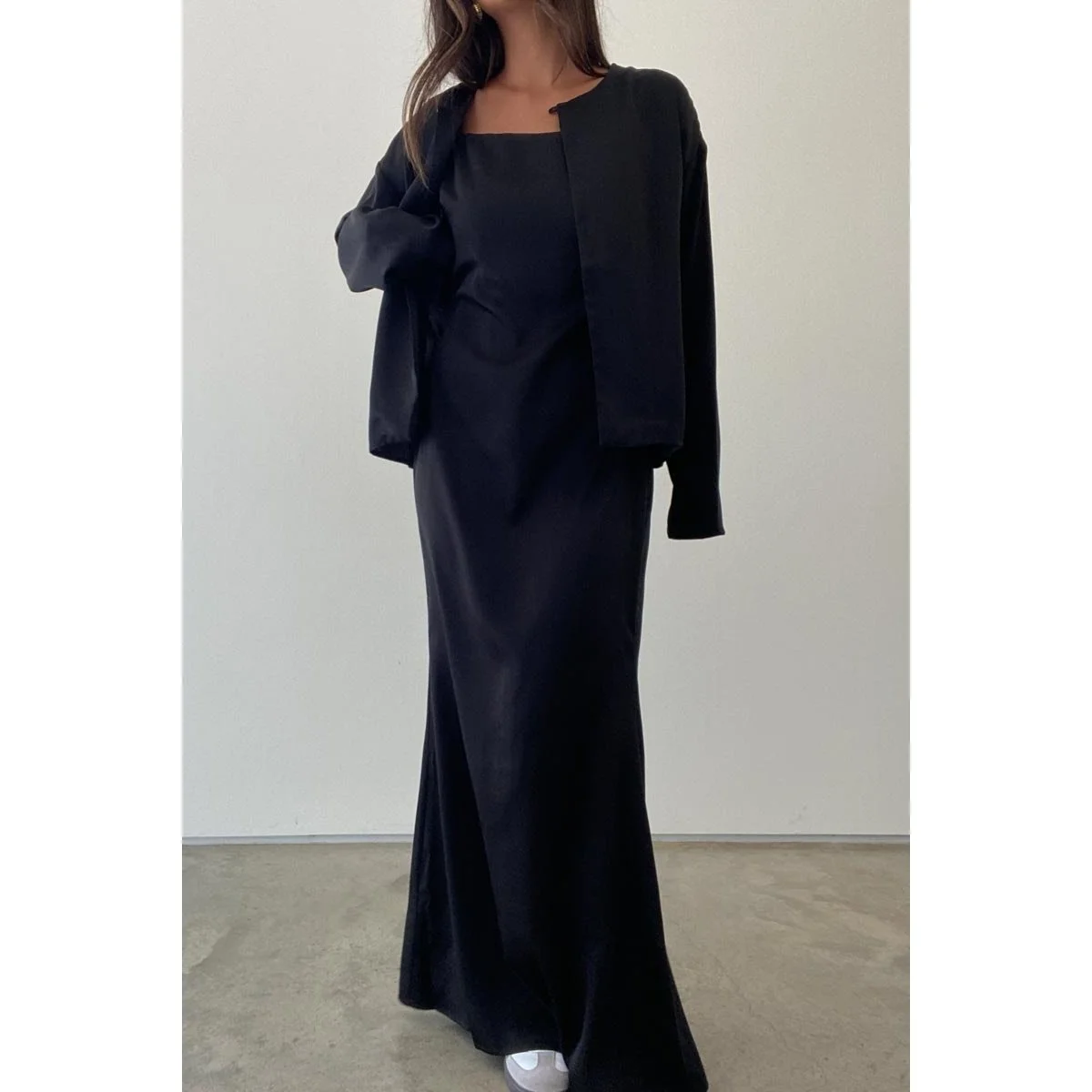 Satin Slip Dress with Cardigan Black — Byron Barclay