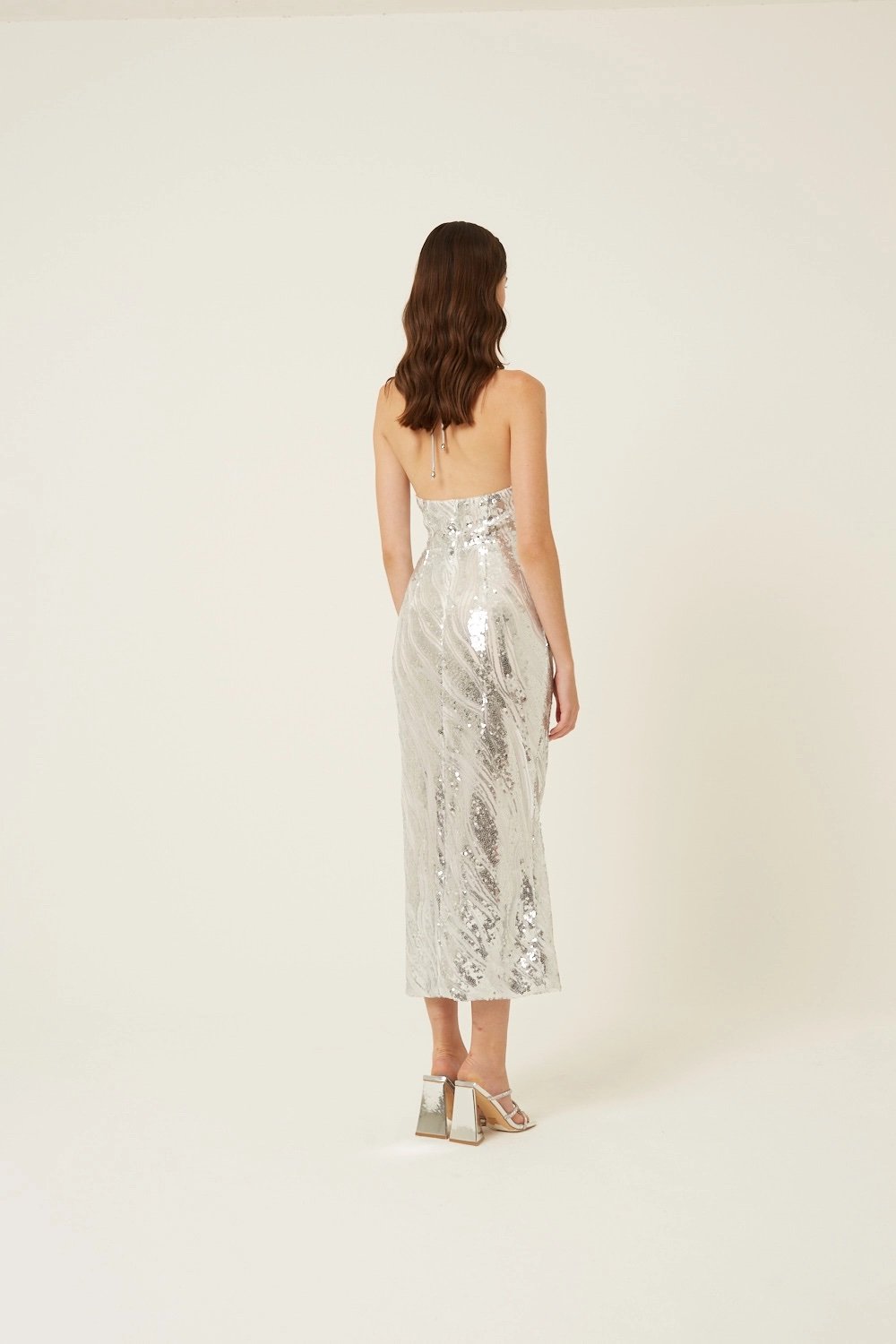 Sky Halter Neck Sequin Midi Dress Silver
