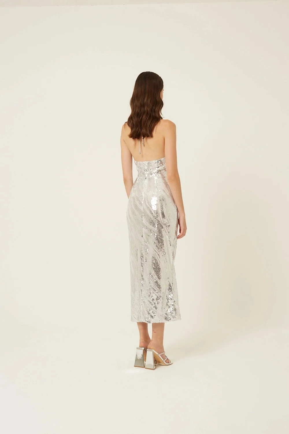 Sky Halter Neck Sequin Midi Dress Silver  Byron & Barclay