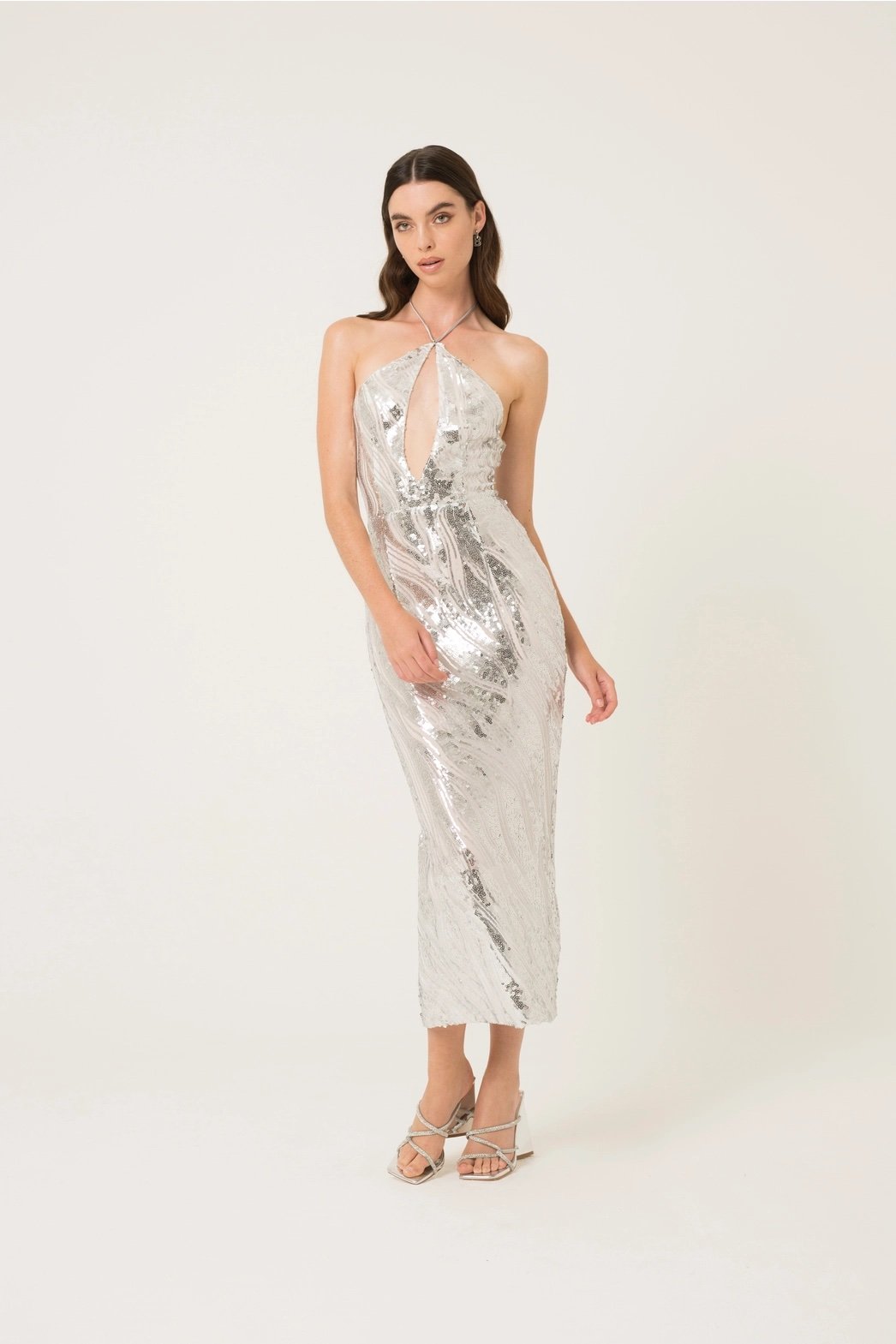 Sky Halter Neck Sequin Midi Dress Silver