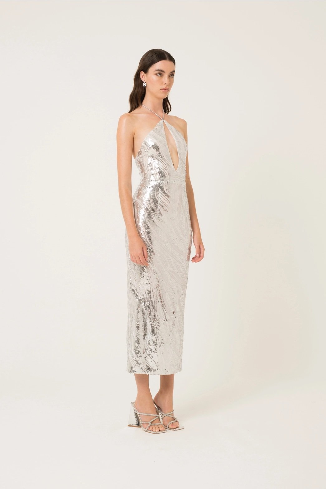 Sky Halter Neck Sequin Midi Dress Silver