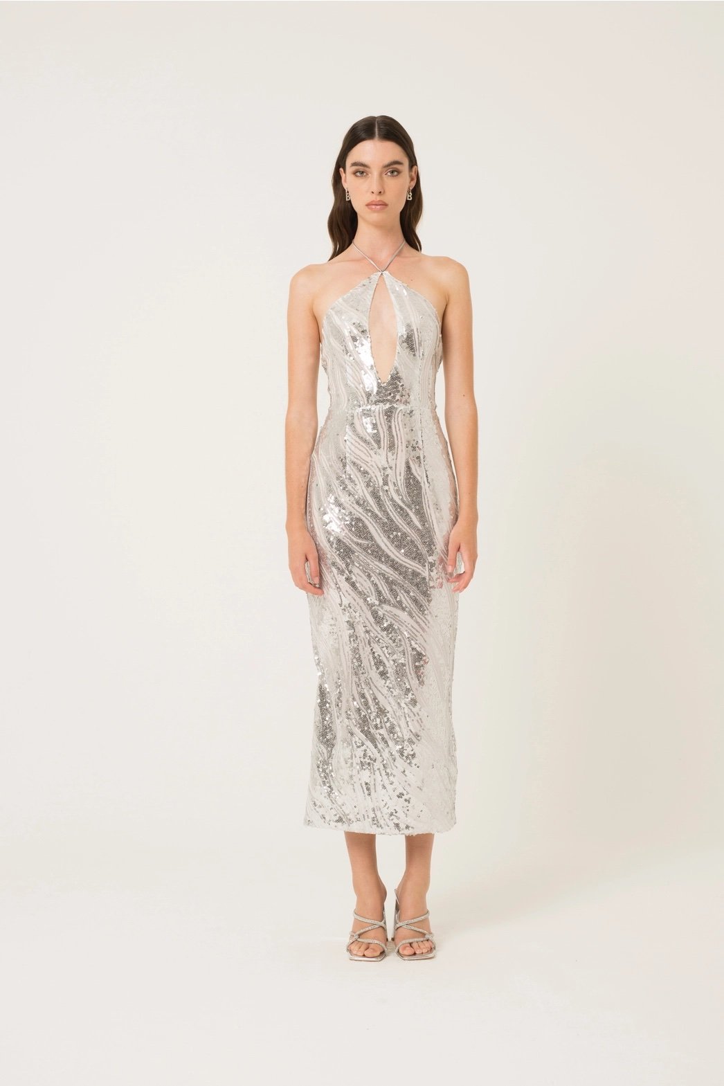 Sky Halter Neck Sequin Midi Dress Silver