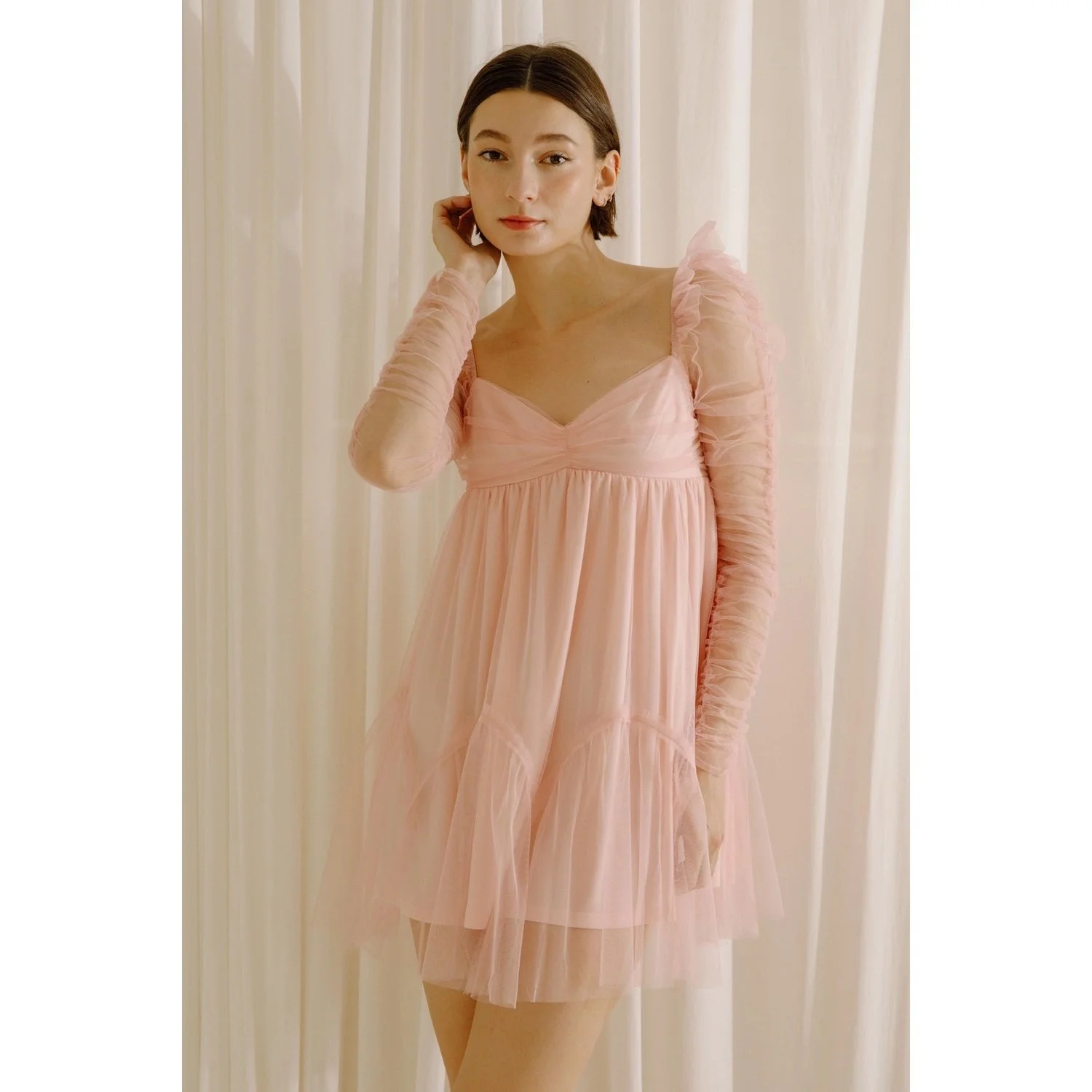 fitted lace wedding dress Pink Long Sleeve Lace Up Babydoll Stretchy Mini Dress main image 1