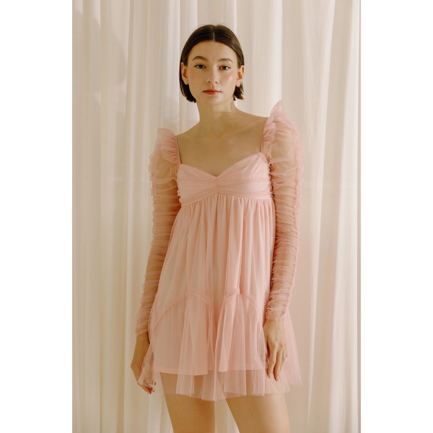 light pink tulle mini dress Ari Tulle Ruffle Mini Dress in Light Pink