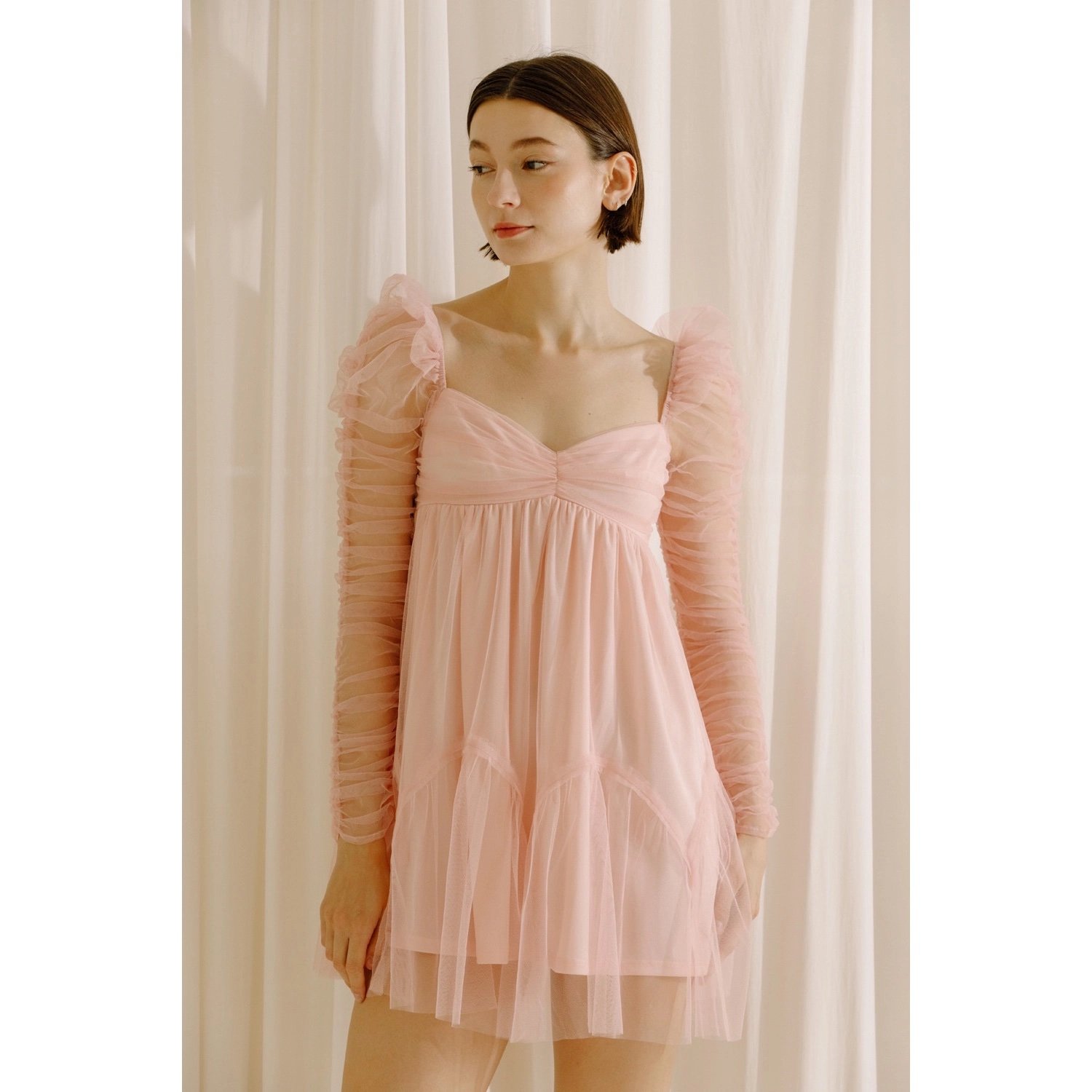Pink Baby Doll Tulle Sleeve Mini Dress