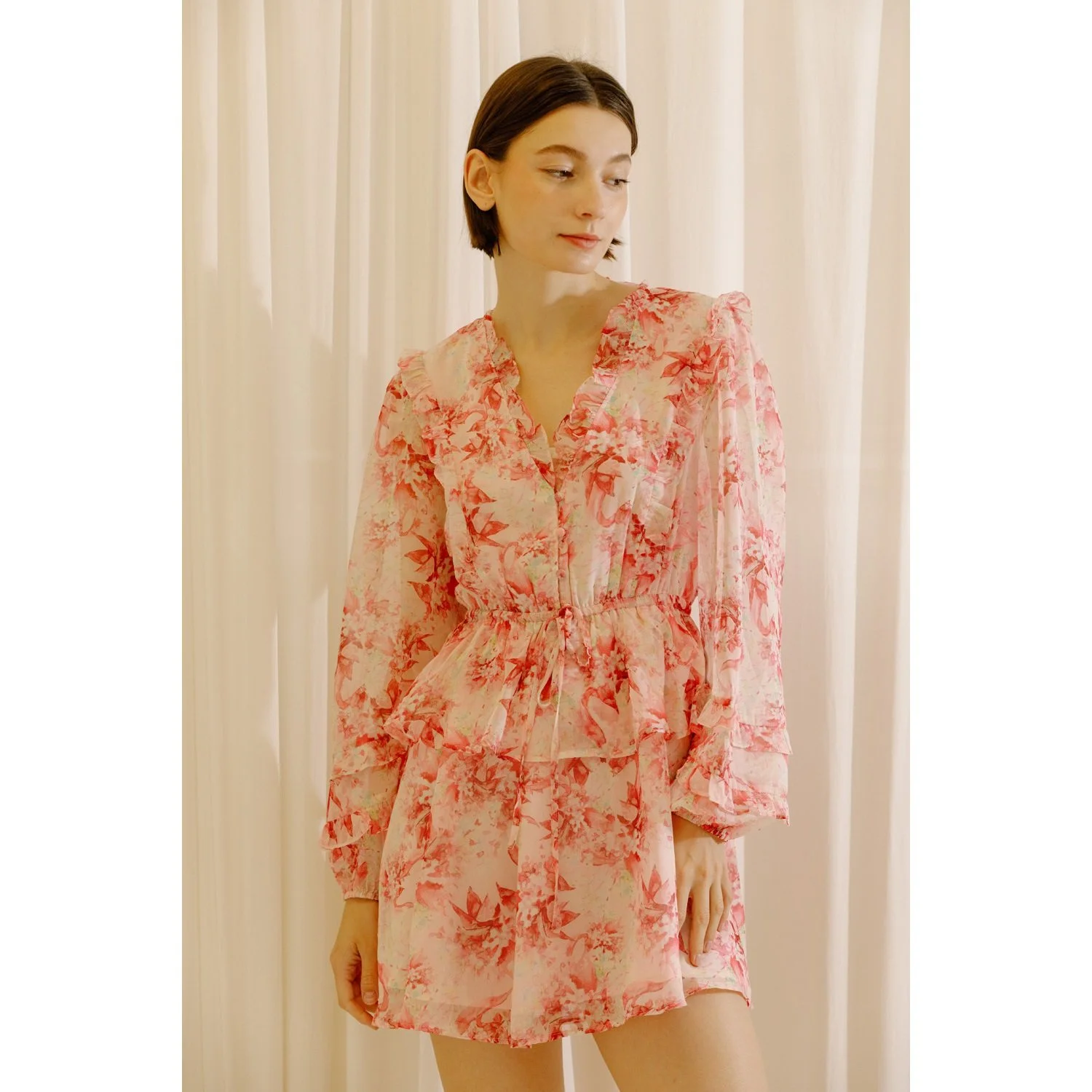 Floral Bouquet V-Neck Ruffle Mini Dress Pink  Byron & Barclay