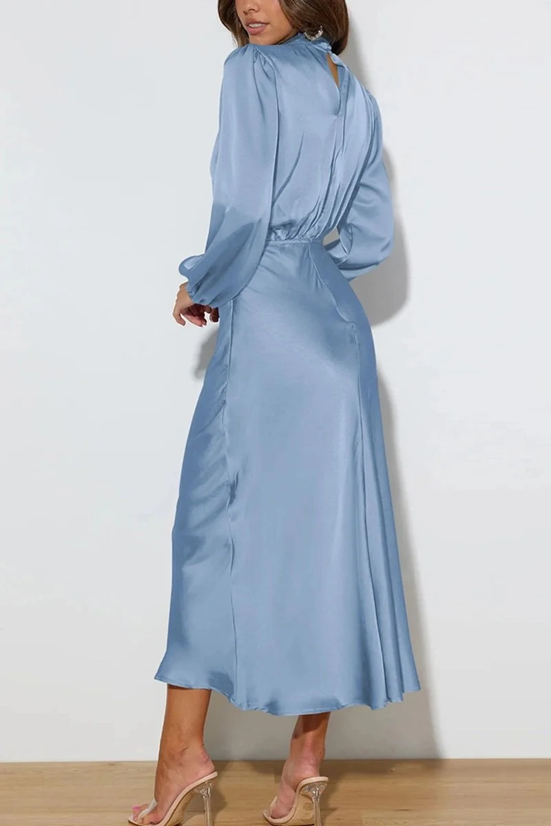 Draped Neck Satin Midi Dress Powder Blue — Byron & Barclay