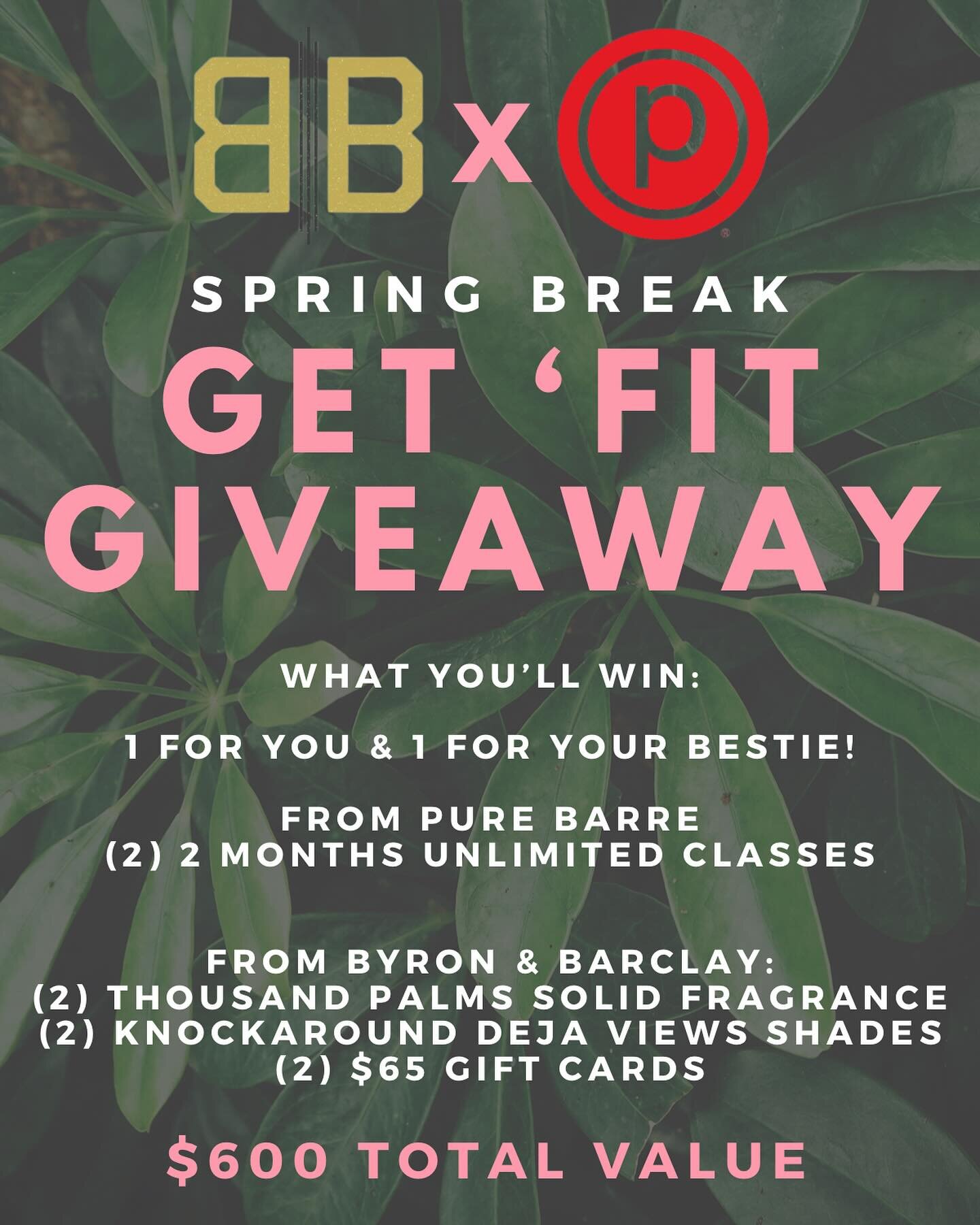 🎀 Spring Break Get &lsquo;Fit Giveaway 🎀
Get fit @purebarreowensboro, then get your new &lsquo;fit @byronandbarclay before heading to Spring Break!
To enter: 
&bull;Follow @purebarreowensboro &amp; @byronandbarclay
&bull;Tag your besties that you&r