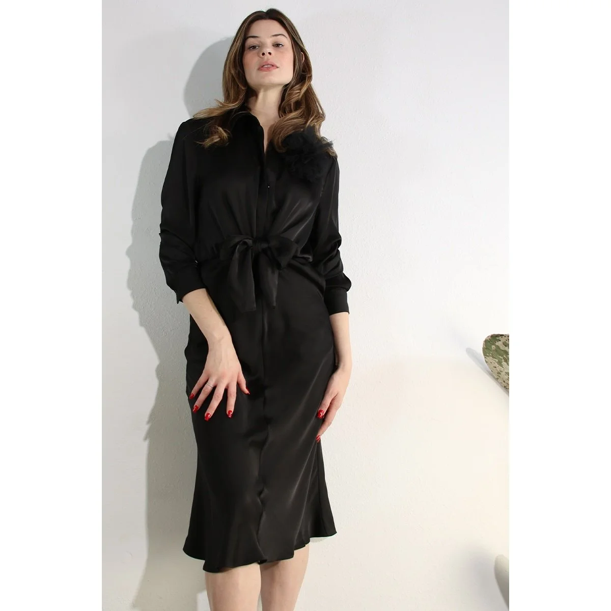 Front Tie Satin Shirt Dress Black