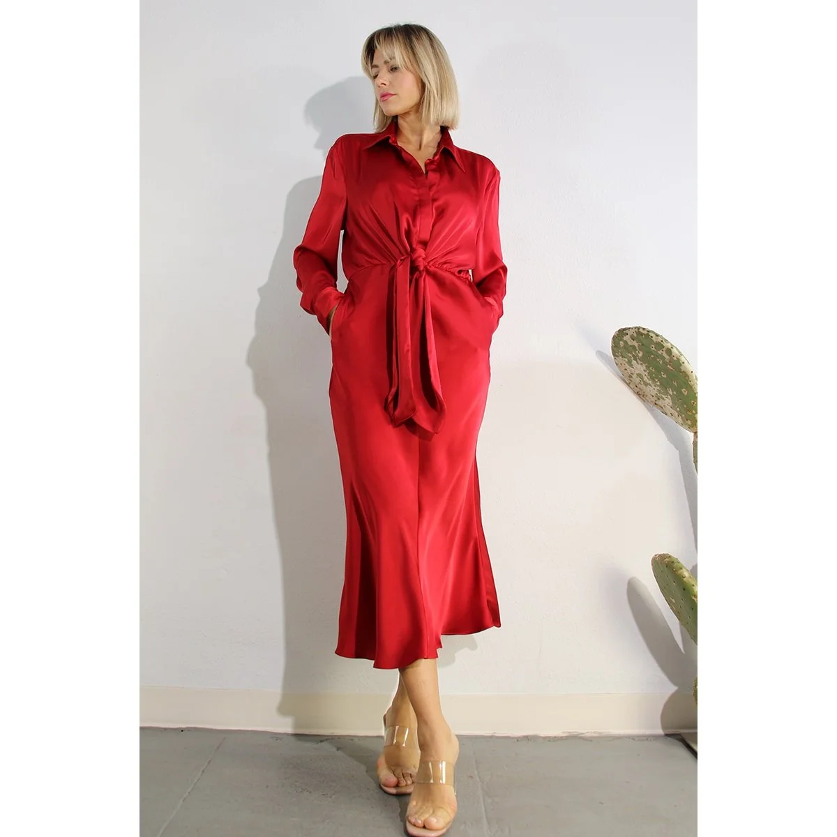 satin front tie dress satin ruched button up tie-front midi dress Red / SMALL