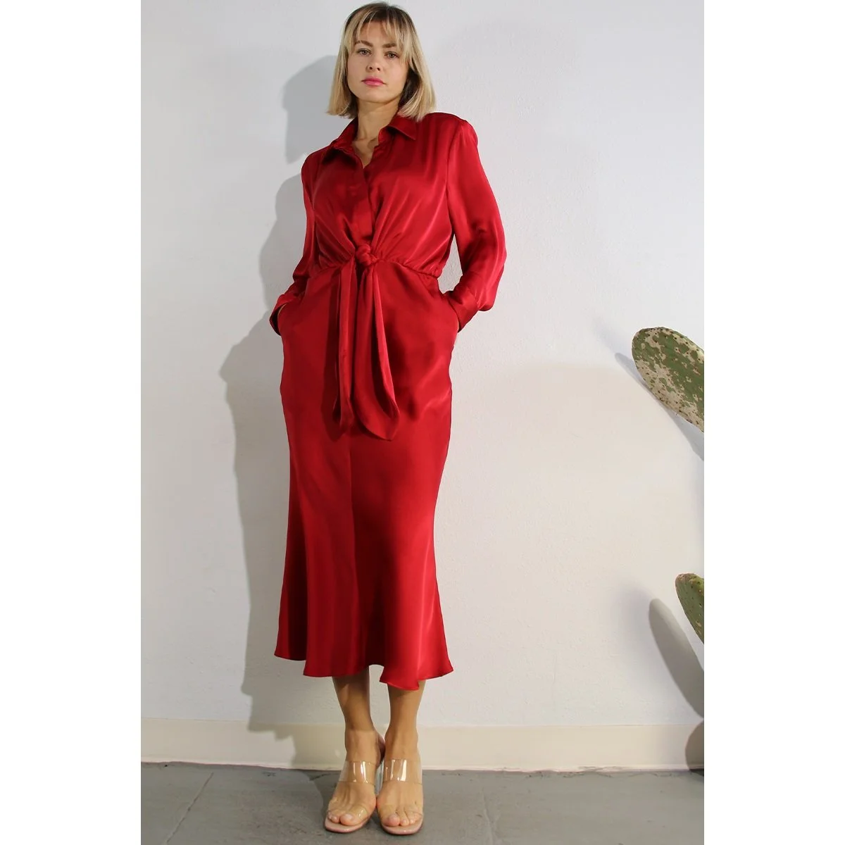 Front Tie Satin Shirt Dress Red