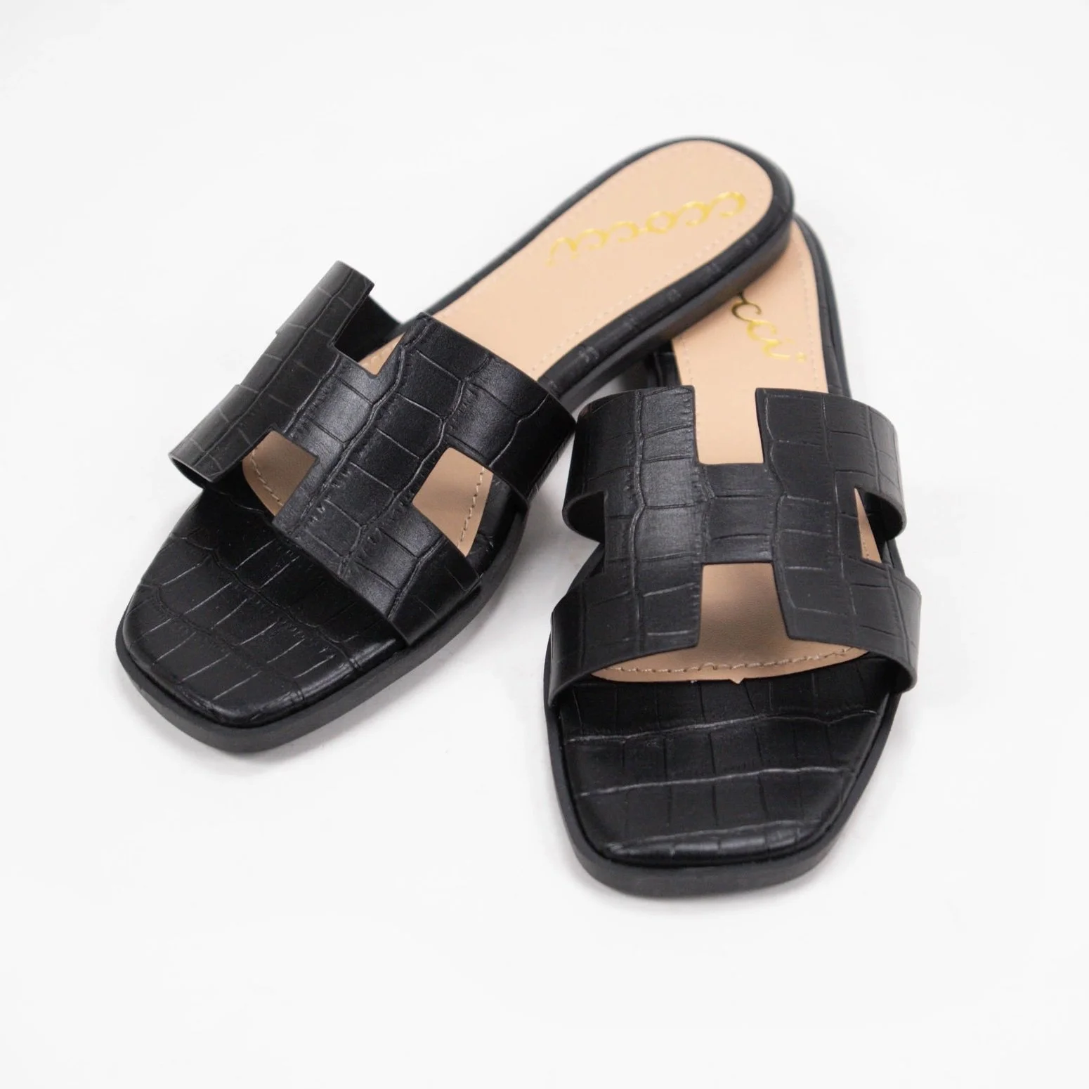 "H" Cutout Faux Croc Slide Sandals