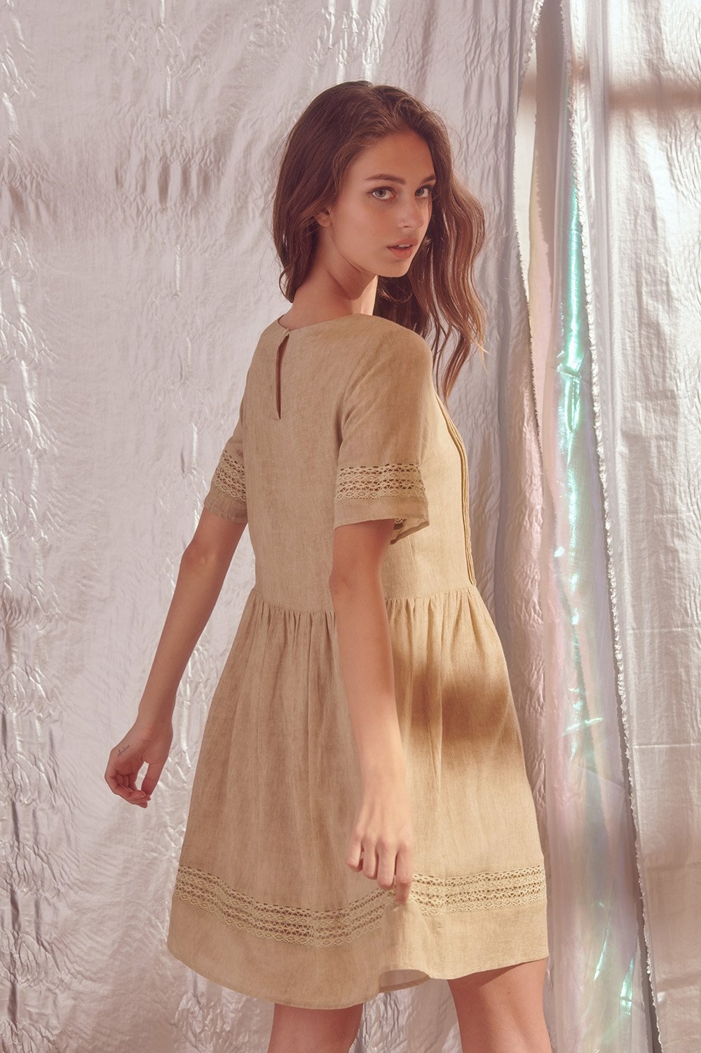 Crochet Trim Tunic Mini Dress Natural