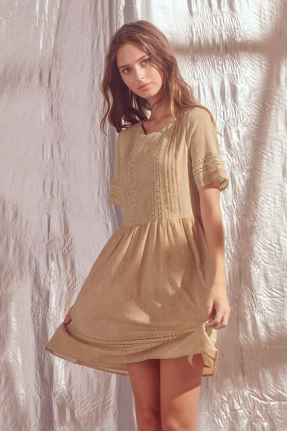 Crochet Trim Tunic Mini Dress Natural