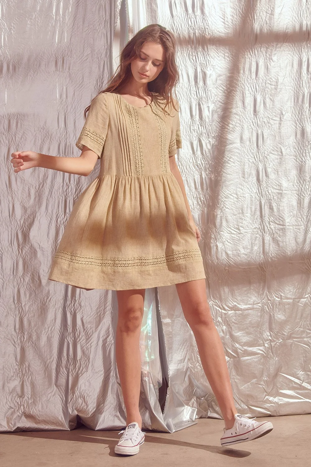 Crochet Trim Tunic Mini Dress Natural  Byron & Barclay
