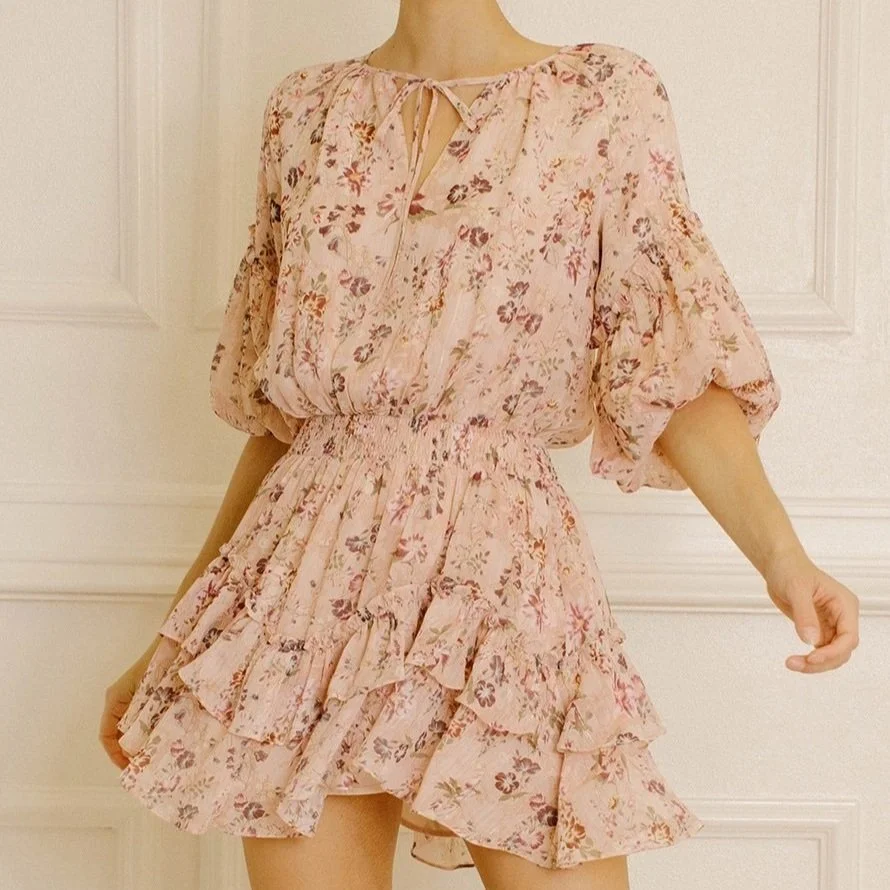 Mauve Floral Chiffon Mini Dress