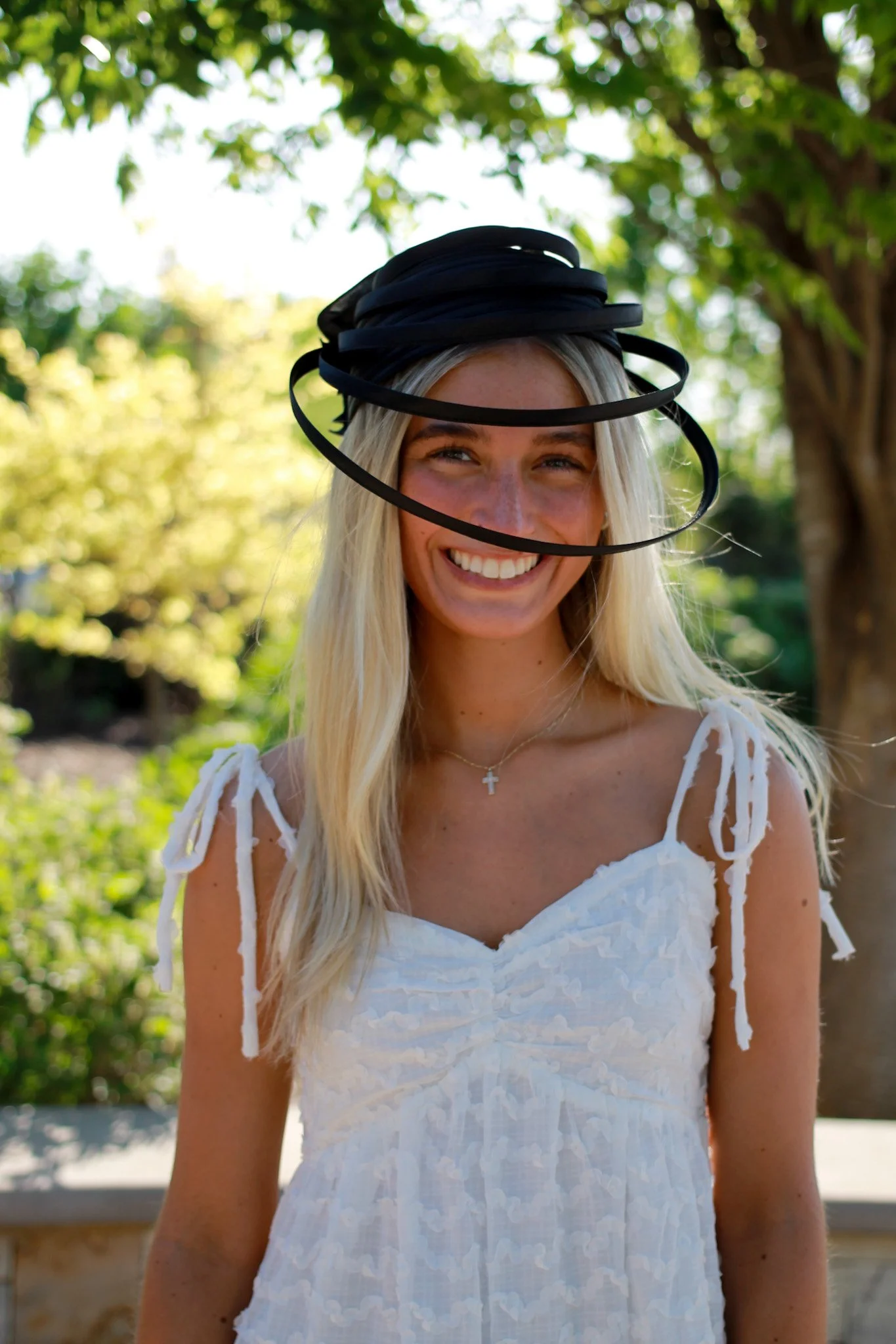 Satin Floral Pillbox Hat with Floating Loops Black