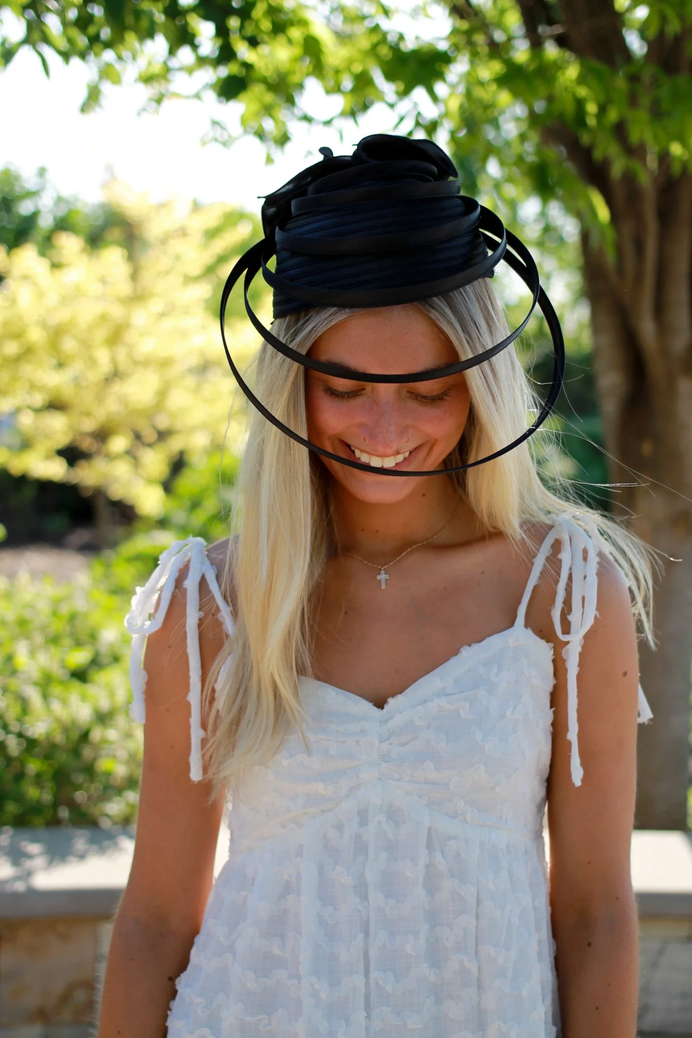 Satin Floral Pillbox Hat with Floating Loops Black