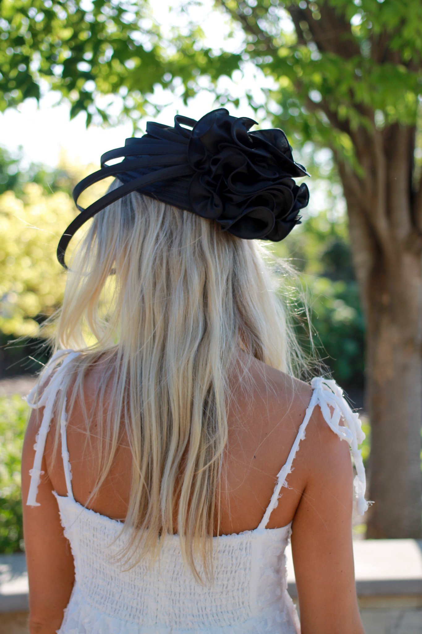 Satin Floral Pillbox Hat with Floating Loops Black