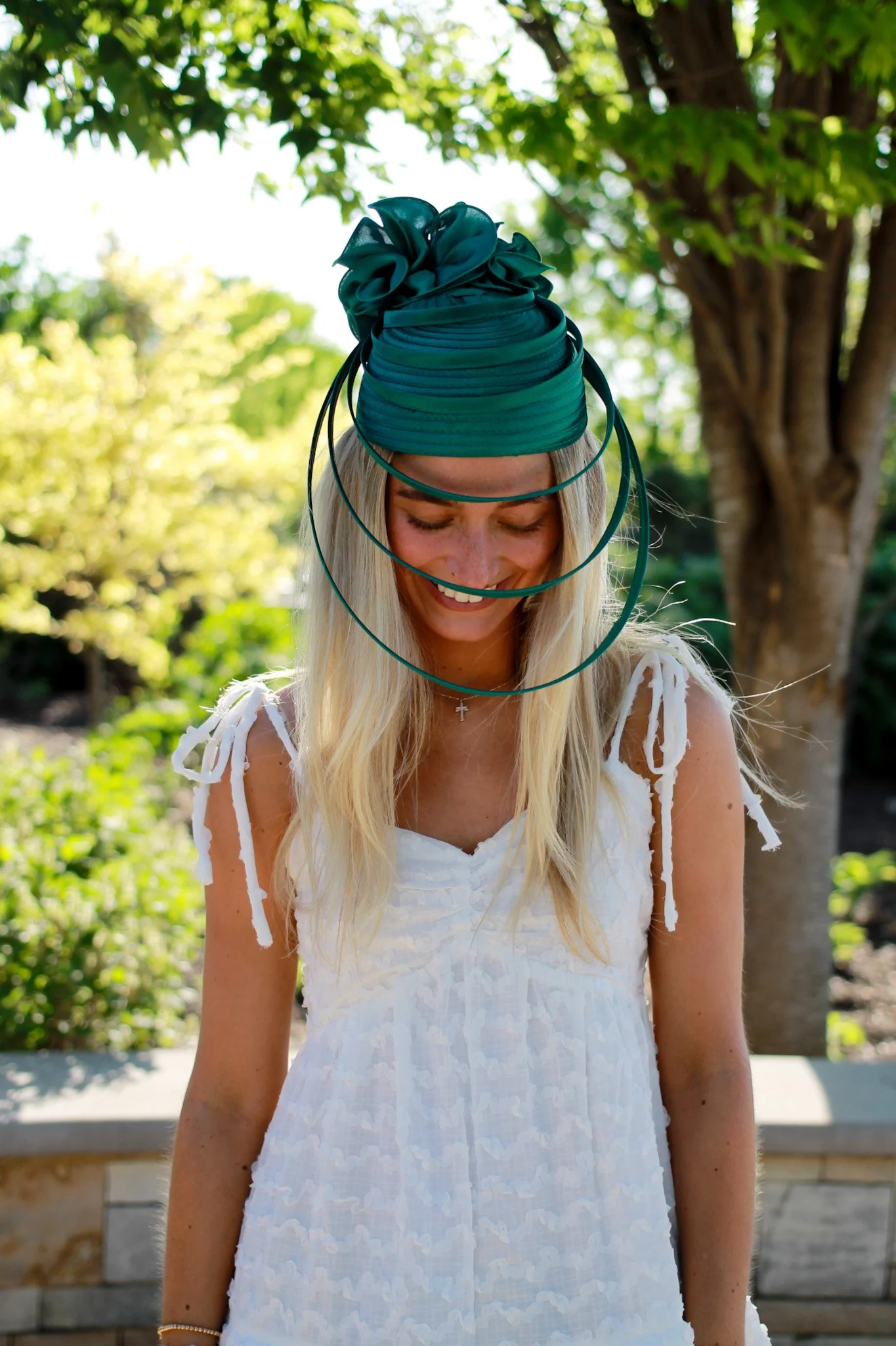 Satin Floral Pillbox Hat with Floating Loops Emerald