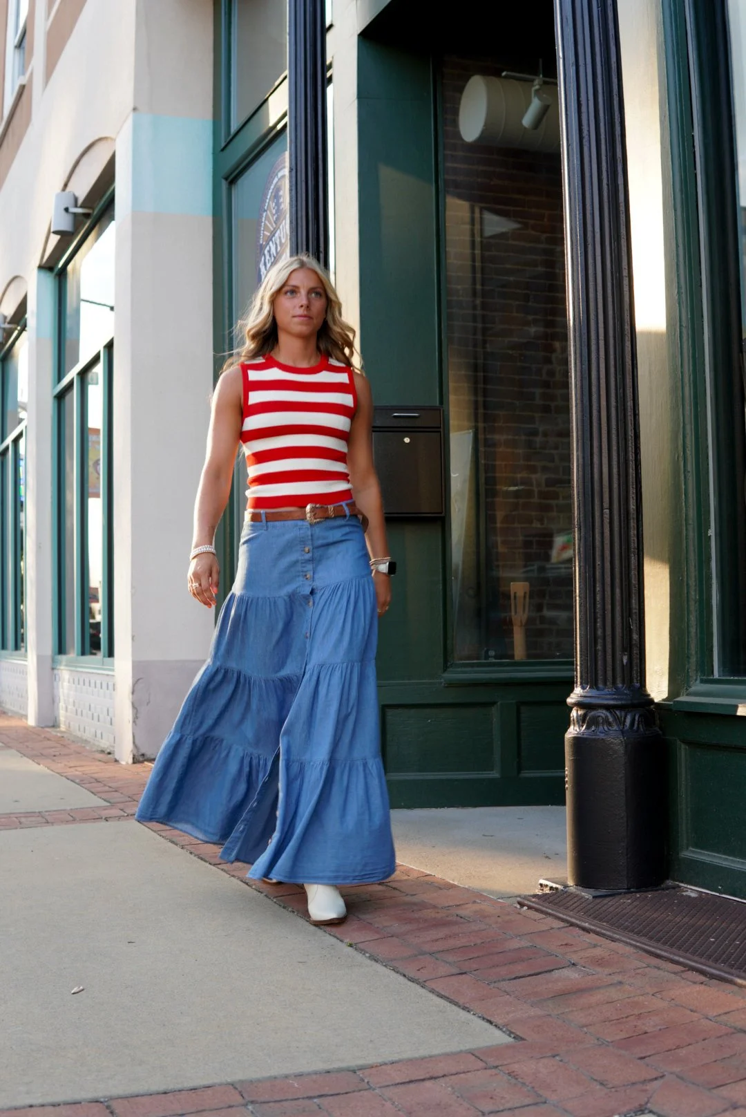 Tiered Button Maxi Skirt Chambray