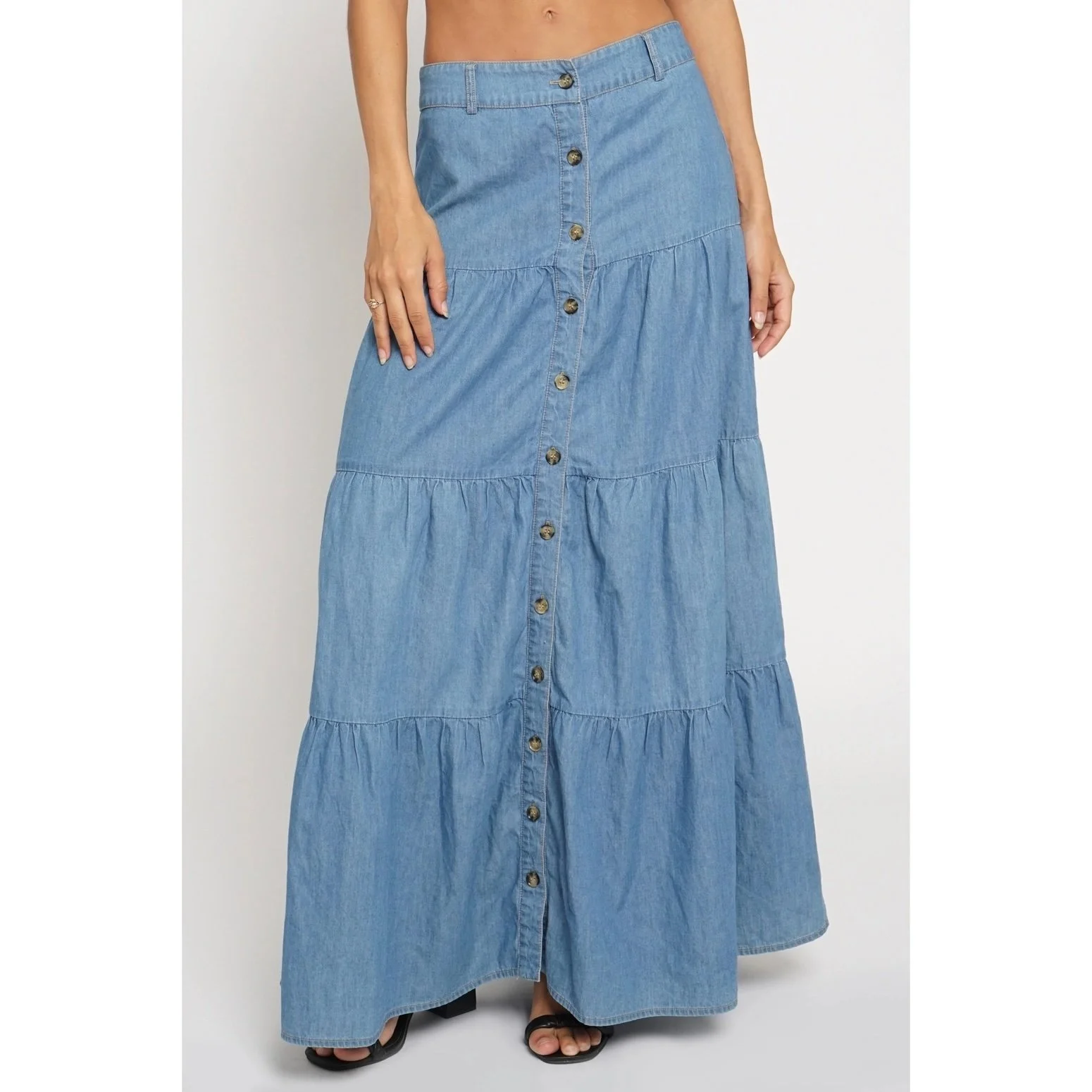 Tiered Button Maxi Skirt Chambray