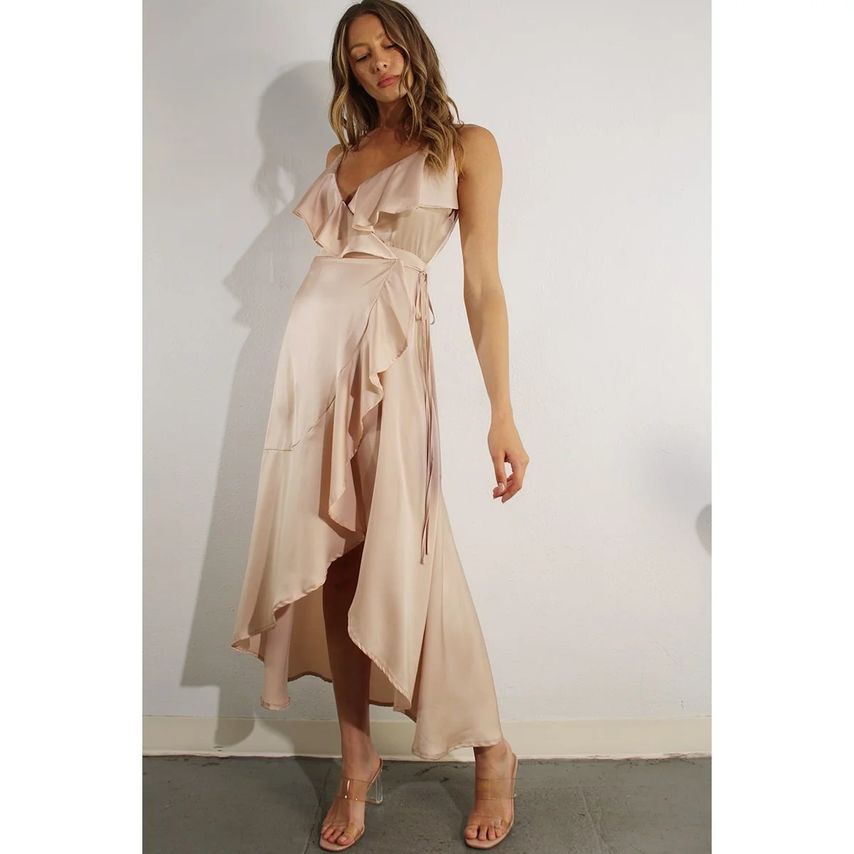 Ruffle Satin Wrap Dress Champagne