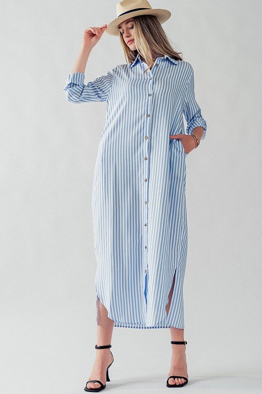 Elsie Striped Midi Shirt Dress Blue