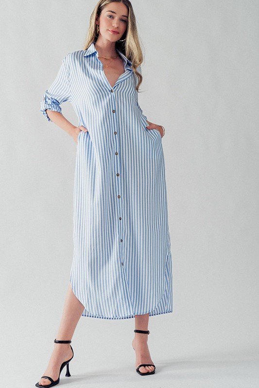 Elsie Striped Midi Shirt Dress Blue